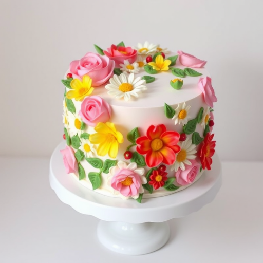 Create an image of a beautifully decorated cake with intricate floral designs made of buttercream icing. The cake should be round and multi-layered, adorned with pink roses, white daisies, and green leaves, featuring vibrant yellow and red flowers interspersed throughout. The cake should be presented on a delicate white cake stand against a simple background.