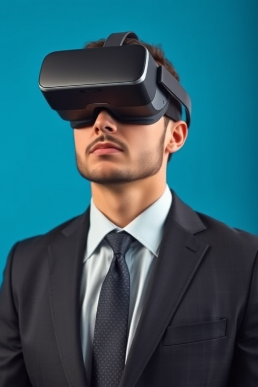 Generate an image of a man wearing virtual reality goggles in a professional suit with a solid blue background, using a Canon EOS R5 camera with a 50mm lens, aperture set to f/1.8, shutter speed at 1/200s, ISO 100, focusing on the man's face while keeping the background slightly blurred to enhance depth.