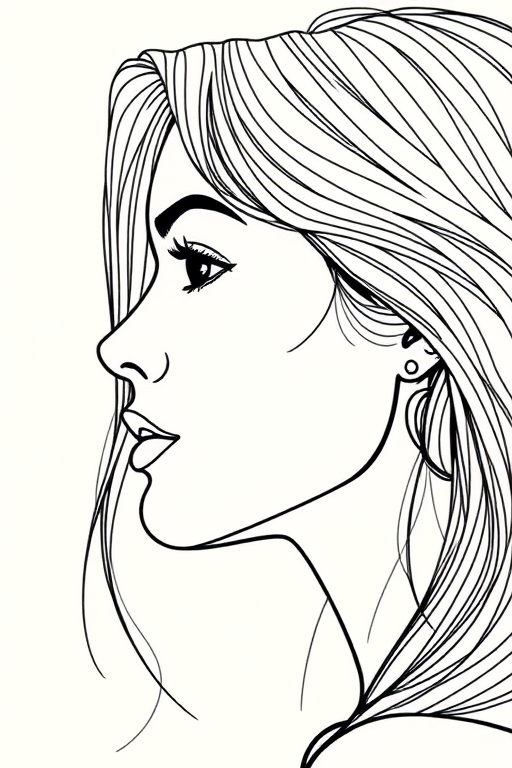 Create a detailed, high-contrast line art illustration of a woman's profile, shot with a 50mm lens at f/1.8, ISO 100, in natural lighting, using a DSLR camera for a sharp focus and smooth background blur.