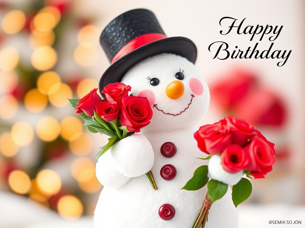 Create an image of a cheerful snowman holding a bouquet of roses, wearing a black hat with a red band, with the text "Happy Birthday" in an elegant font on the side, captured with a DSLR camera at f/3.5, 1/250s shutter speed, ISO 100, in a bright and well-lit setting, frontal view with a shallow depth of field for a soft background.
