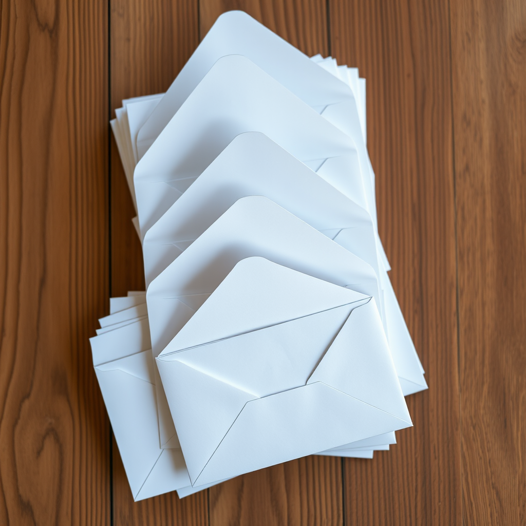 A stack of open envelopes displayed on a wooden table, captured with a DSLR camera, 50mm lens, f/2.8 aperture, 1/100s shutter speed, natural light, top-down view.