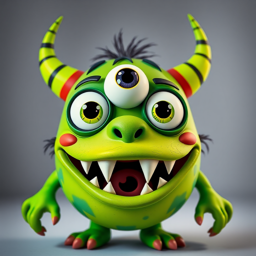 Create a vibrant cartoon-style monster character with three large eyes, a wide jagged mouth, and two horn-like features, emphasizing bright green and contrasting colors, shot with a DSLR camera at f/2.8, ISO 100, 50mm lens, in a well-lit studio environment to ensure sharp details and vivid colors.