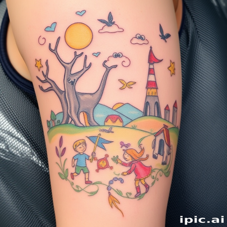 Whimsical illustrative tattoo titled "Storybook Dreams" depicting a fantastical scene straight from a children's book. Charming characters and magical creatures inhabit a colorful landscape filled with wonder and imagination. Soft, painterly techniques and a pastel color palette create a gentle, nostalgic atmosphere that captivates the eye.