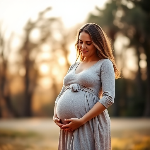 Create a serene outdoor portrait of a couple, with the woman cradling her pregnant belly, set against a softly focused background of trees, using a Canon EOS R5, aperture f/2.8, ISO 100, 50mm lens, natural light, and a warm color palette to enhance the emotional connection.