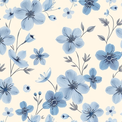 Create a high-resolution floral pattern background featuring blue and gray flowers on a soft beige backdrop, captured with a DSLR camera using a 50mm lens, aperture f/2.8, ISO 100, and a soft focus effect for an artistic touch.