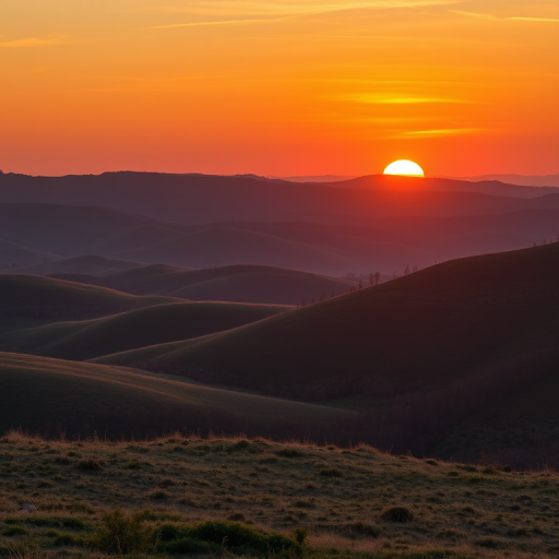 Generate an image of a serene landscape with rolling hills and a sunset, captured with a Canon EOS 5D Mark IV, 50mm lens, f/8 aperture, ISO 100, 1/125s shutter speed, using a wide-angle view to enhance the depth and richness of colors.