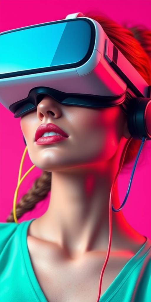 Create a vibrant digital illustration of a woman wearing futuristic VR goggles, with colorful wires extending from the headset, set against a bright pink background, using a shallow depth of field, ISO 100, f/2.8, and a 50mm lens to enhance the sharpness and detail.
