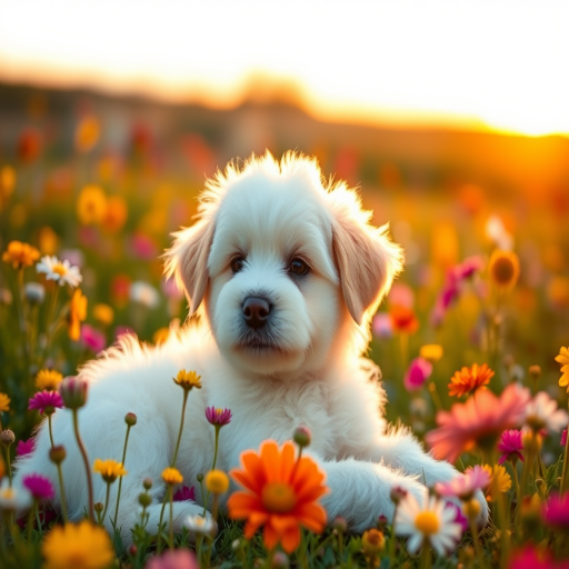 create a highly detailed image of a fluffy white puppy lying in a field of colorful flowers during golden hour, using a Canon EOS R5, 85mm lens, f/1.8 aperture, ISO 200, with a shallow depth of field for a soft background blur and vibrant colors.