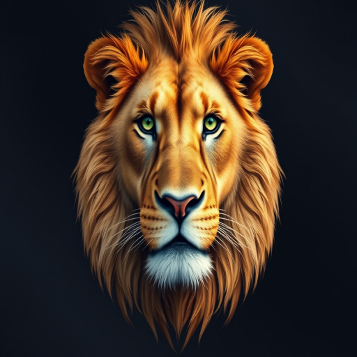 Create an ultra-detailed vector illustration of a majestic lion's head, with rich golden fur and intense green eyes, set against a dark, textured background, captured using a Canon EOS R5, with a 50mm f/1.2 lens, aperture set to f/2.8, ISO 100, and a shallow depth of field to enhance focus on the lion's features.