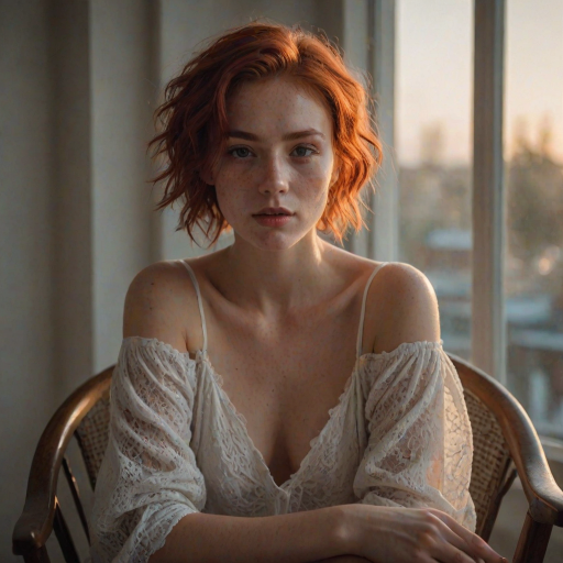 young woman, short messy red hair, light freckles, beautiful face, wearing a loose white cotton lace shirt ,  portrait photo,  posing for a picture in a chair with her hands in her lap, Ayshia Ta k n, parted lips, round cleavage, collarbone, bare shoulders, natural light, a portrait, art nouveau, sunset light through a window, darkly lit, shadows across face