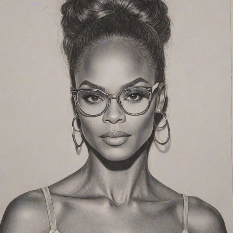 Beauteous Tika Sumpter, pencil sketch, portrait of Dazzling woman 1976s in glasses, hair style beatnik, outline, clear lines, fine lines, 8k