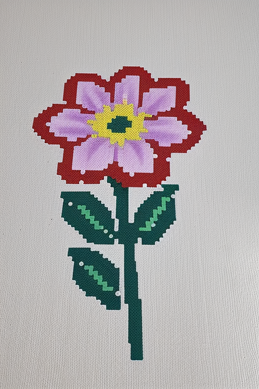 Colorful Pixel Art Flower Design with Bright Petals and Green Leaves