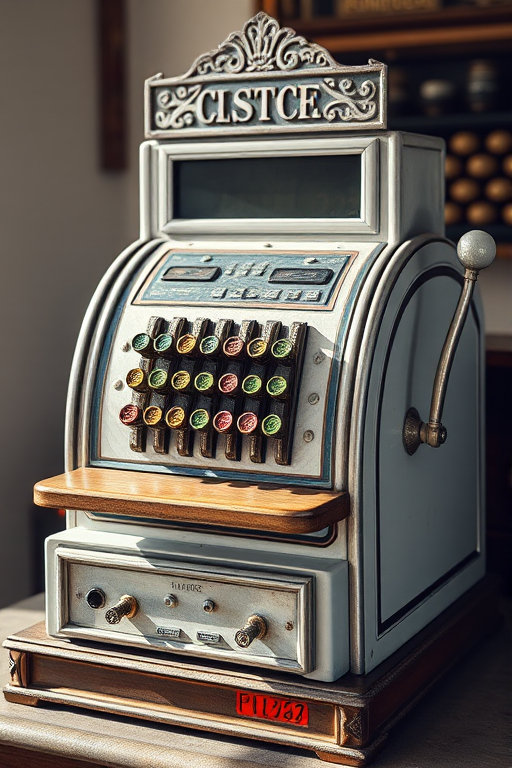vintage cash register, high-resolution, 50mm lens, f/2.8 aperture, ISO 100, straight-on view, soft natural lighting, digital camera