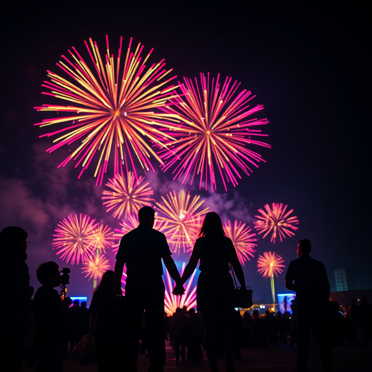 silhouettes of people holding hands in front of colorful fireworks at night, vibrant colors, wide-angle view, f/2.8 aperture, ISO 100, 1/60 shutter speed, DSLR camera, long exposure effect for enhanced light trails