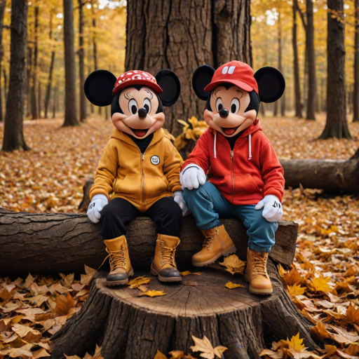create a cartoon style of Mickey and Minnie wear Fall theme colored sweat suits with timberland boots and Bernie hats sitting together on a big tree stump surrounded by large color pile of raked leaves