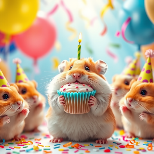 A cute hamster holding a cupcake with candles surrounded by colorful balloons and confetti with other hamsters in party hats in a festive background of bright colors and rays of light.