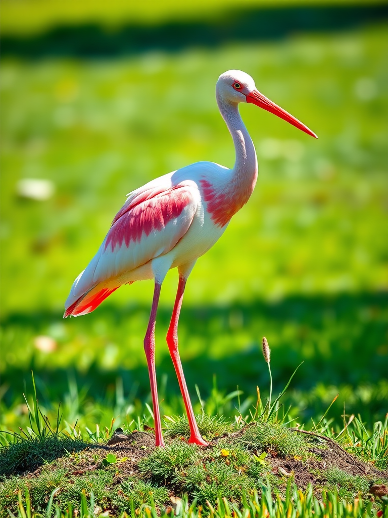 create a vibrant watercolor illustration of a pink-painted spoonbill standing gracefully on a grassy patch, captured with a Canon EOS R5, 50mm lens, f/1.8 aperture, ISO 100, with a shallow depth of field to enhance the vivid colors and details in a bright, soft natural light setting