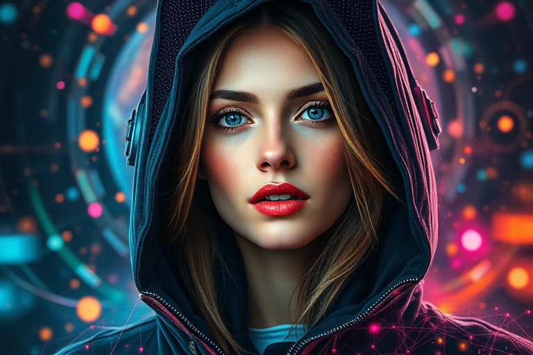 Create a stunning portrait of a woman with a futuristic hood, surrounded by abstract digital elements and swirling cosmic colors, using a 50mm lens at f/1.8, ISO 100, with a soft focus and high dynamic range settings for enhanced depth and vibrancy, captured on a full-frame DSLR.