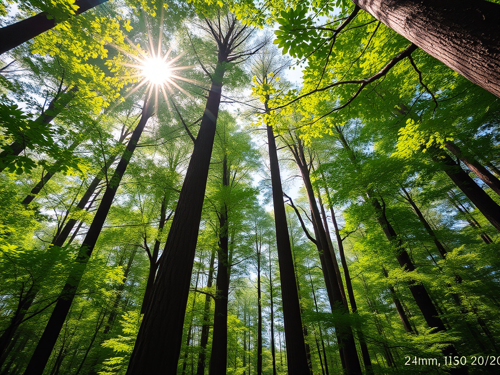 Create a high-resolution image of a lush forest with sunlight filtering through the trees, capturing the vibrant greens and textures of leaves, using a DSLR camera with a 24mm lens at f/8, ISO 200, and a shutter speed of 1/250 sec, shot from a low angle to emphasize the towering trees.