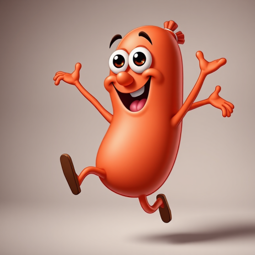 Create a vibrant cartoon illustration of a happy, animated sausage character with big eyes and a wide smile, jumping joyfully with arms and legs in motion, using a Canon EOS 5D Mark IV camera, 50mm lens, f/2.8 aperture, ISO 100, and soft studio lighting for a high-quality, colorful image.