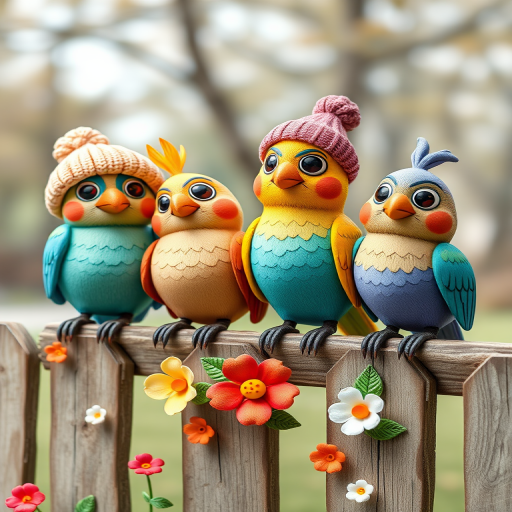 create a scene of 4 quirky  whimsical colourful comical birds each with a funny expression. they are sat on a wooden fence with colourful flowers. they are all different sizes. each one is a different colour  one is wearing a woolly hat. Each one has a different quirky google expression and there is a muted background of trees watercolour paintierly style high definition 8k resolution 3D paper mache