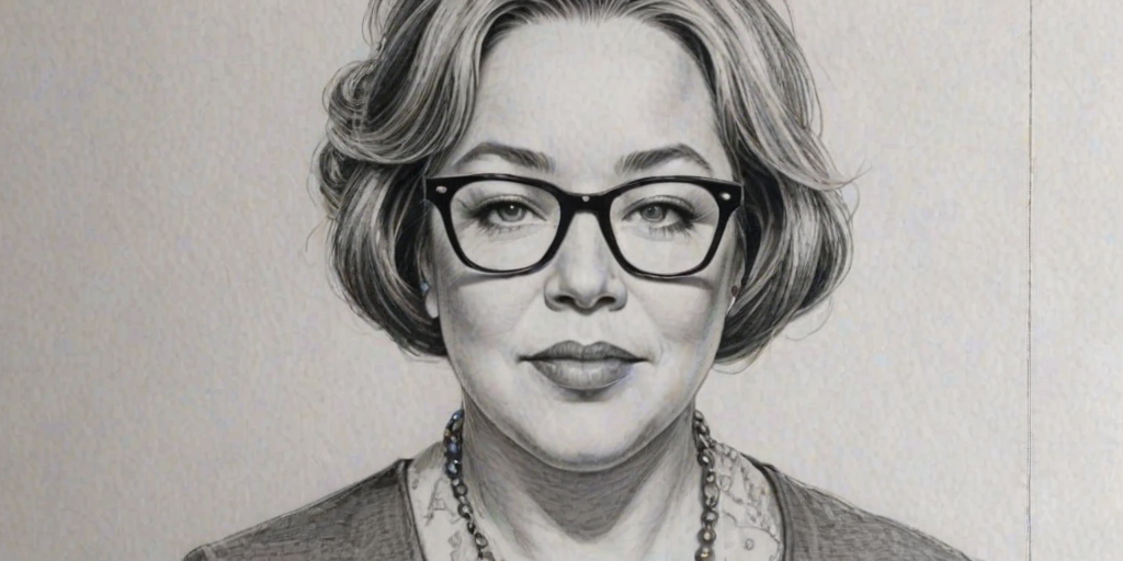 Alluring Kathy Bates, pencil sketch, portrait of Enticing woman 1966s in glasses, hair style beatnik, outline, clear lines, fine lines, 8k