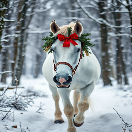 A majestic white horse adorned with a festive wreath walks through a snow-covered forest, snowflakes gently falling around, captured with a Canon EOS R5 at f/2.8, 1/200 sec, ISO 100, 50mm lens, in a portrait view to enhance depth and detail.