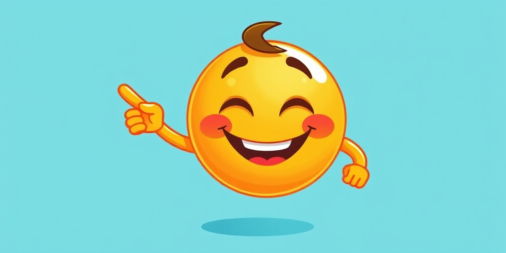 Create a vibrant cartoon-style illustration of a smiling yellow emoji with a playful expression, one hand touching its head and the other pointing, using a Canon EOS 5D Mark IV, aperture f/8, ISO 100, 50mm lens, with a bright, colorful background to enhance the overall image quality.