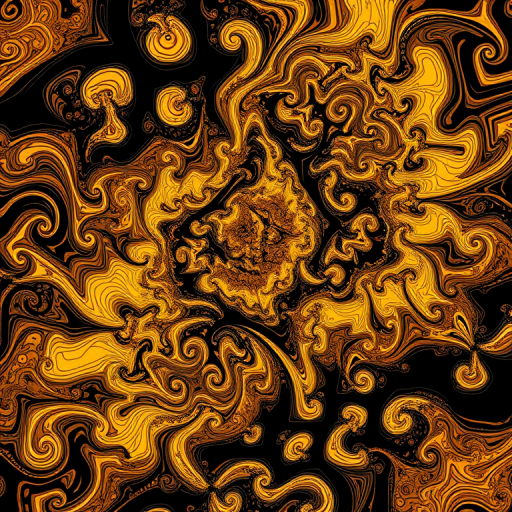 Generate a high-resolution fractal image with intricate golden and black swirling patterns, using a Canon EOS 5D Mark IV with a 50mm lens, aperture set to f/8, ISO 100, and a soft focus background to enhance depth.