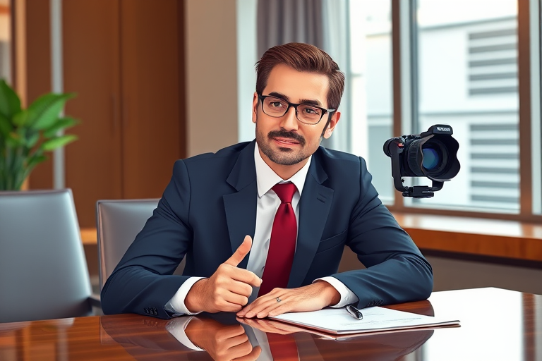 Create a high-resolution vector illustration of a businessman in a suit sitting at a table, gesturing with one hand, using a DSLR camera with a 50mm lens, f/1.8 aperture, ISO 100, and soft studio lighting for clarity and detail.