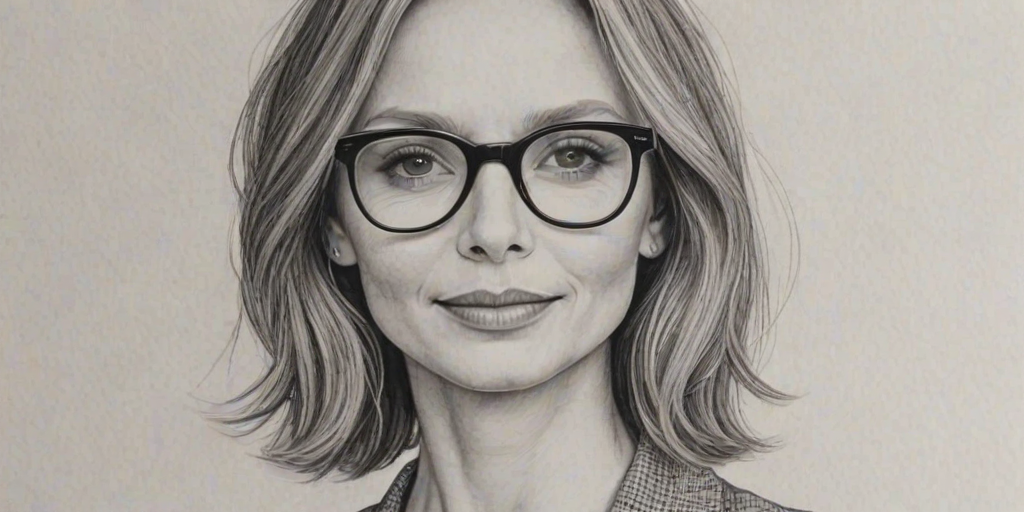 Superb Calista Flockhart, pencil sketch, portrait of Sublime woman 1965s in glasses, hair style beatnik, outline, clear lines, fine lines, 8k