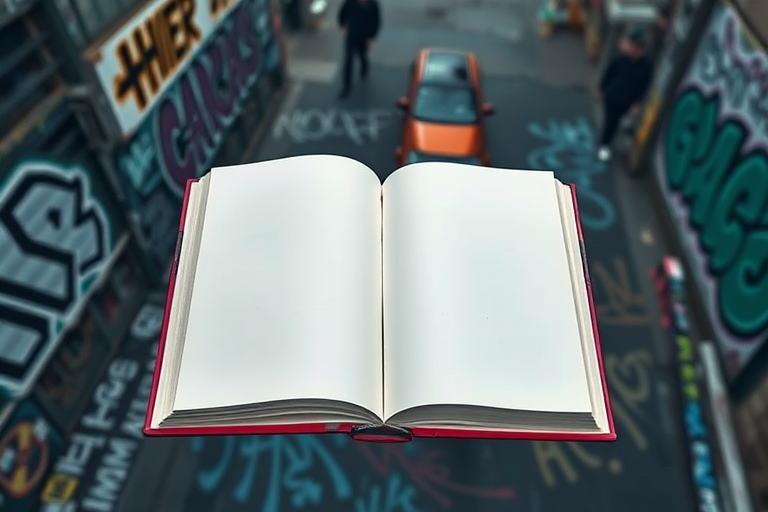 Aerial view of a large blank book on a graffiti-covered city street, captured with a DSLR camera using a 50mm lens, f/2.8 aperture, ISO 100, and a shallow depth of field to enhance image quality and focus on the book while softly blurring the urban background.