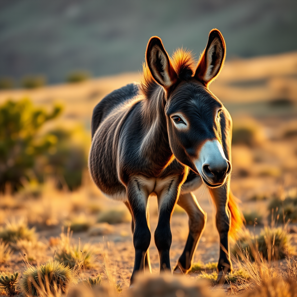 Create a high-quality image of a standing donkey in a natural landscape setting using a DSLR camera with a 50mm lens, aperture set to f/1.8, ISO 200, and a shutter speed of 1/250s, capturing soft diffused lighting during golden hour.