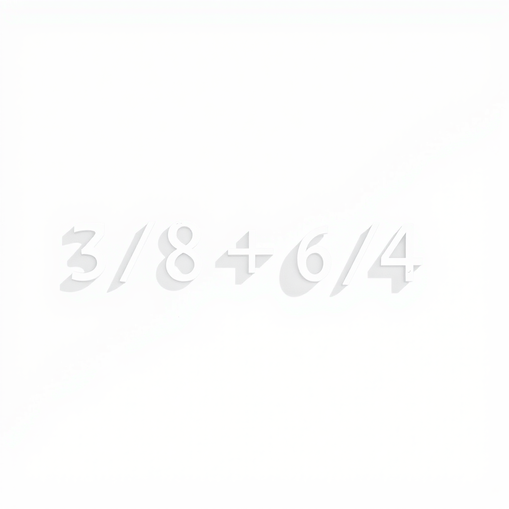 Create a high-resolution image of the mathematical expression 3/8 + 6/4 with a clean, minimalist design, using a DSLR camera with a 50mm lens, aperture f/1.8, 1/100s shutter speed, and natural lighting to enhance clarity and contrast.