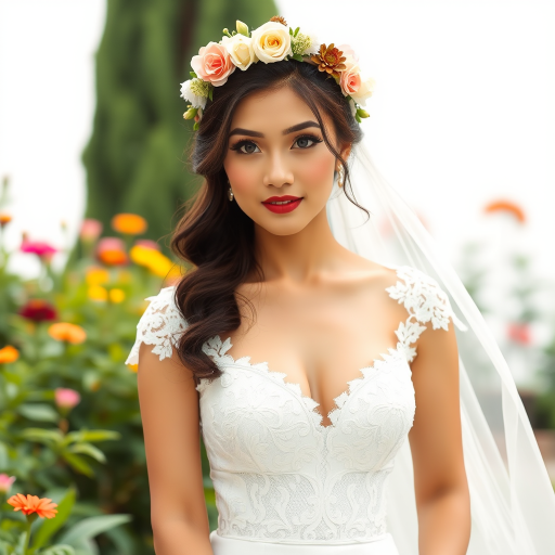 garden scene, Filipina bridal model, delicate lace gown, floral headpiece, soft romantic focus, high-key lighting and an 85mm lens for soft, even tones that highlight the model’s face and bright outfit against a white or light background