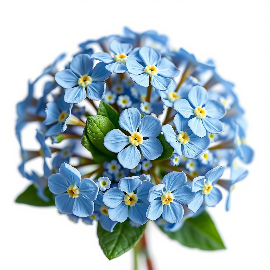 Generate a high-resolution illustration of a bouquet of blue forget-me-not flowers with detailed petals and leaves, using a macro lens with f/2.8 aperture, ISO 100, and a 50mm lens in a soft light studio setting.