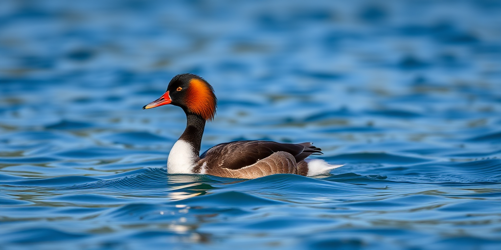 Create a high-resolution image of a Mergus merganser swimming calmly on a sparkling blue lake, captured with a DSLR camera at 200mm focal length, f/4 aperture, ISO 100, in natural light, with a shallow depth of field to emphasize the bird against the blurred water background.