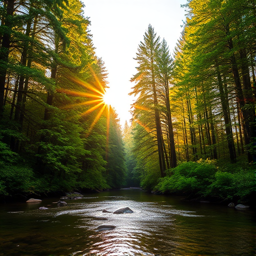 Create an image of a serene, sunlit forest scene with a clear, gently flowing river. Tall trees with lush green foliage line both sides of the river, their leaves bathed in the warm golden light of the setting or rising sun. The sunlight filters through the trees, casting soft, dappled light on the river, which flows over smooth rocks and pebbles, creating a peaceful, natural atmosphere. The sky is bright with a few scattered clouds, and the overall mood is tranquil, evoking a deep sense of connection with nature. The image captures the beauty of a calm, pristine forest landscape at either dawn or dusk.
