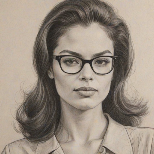 Stunning Zuleikha Robinson, pencil sketch, portrait of Appealing woman 1966s in glasses, hair style beatnik, outline, clear lines, fine lines, 8k