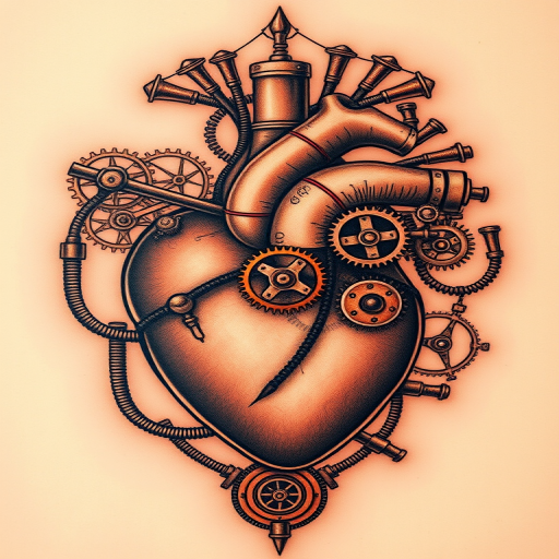 Steampunk-inspired tattoo called "Chronos Apparatus" depicting an intricate mechanical heart with gears, cogs, and pneumatic tubes, incorporating elements of Victorian-era design and industrial aesthetics, rendered in rich sepia tones with copper and brass accents