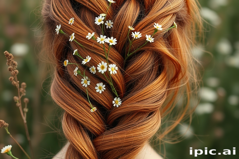 Romantic copper-hued mermaid braid interwoven with delicate wildflowers, evoking a bohemian goddess aesthetic, titled "Autumn Reverie"