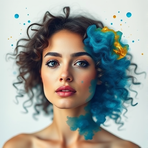 Create a serene portrait of a woman with curly hair composed of blue and gold watercolor splashes, soft focus background, natural lighting, 50mm lens, f/1.8 aperture, ISO 100, shallow depth of field.
