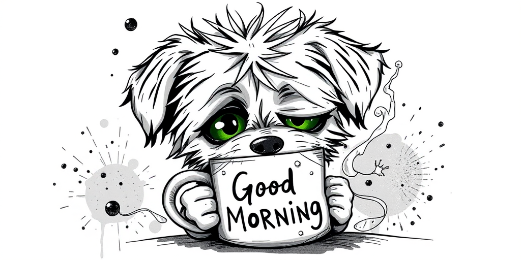 A quirky, artistic illustration of a disheveled peekapoo dog breed with exaggerated, large eyes and spiky fur, holding a coffee mug that reads "Good Morning". The dog has a tired but humorous expression, with ink splatters and abstract details surrounding it, giving a whimsical feel to the image. The color palette is mostly monochrome with hints of green in the eyes and steam rising from the mug, enhancing the overall sleepy vibe