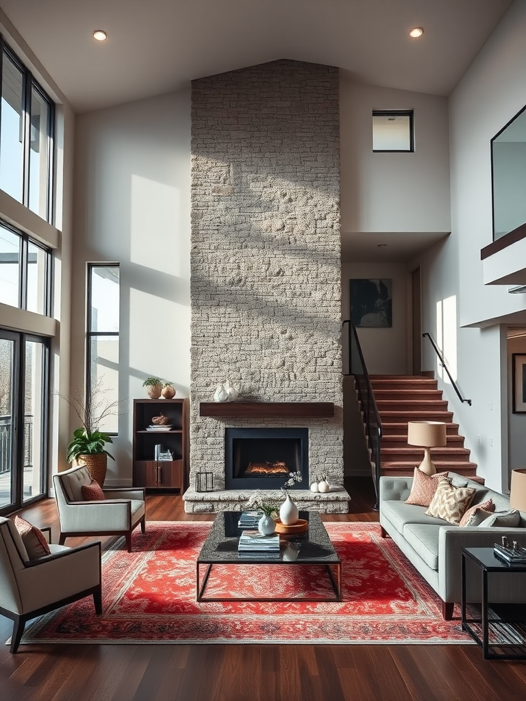 interior of a modern living room featuring a stone fireplace, elegant furniture, and a stylish staircase, soft natural lighting, wide-angle view, DSLR camera, f/8 aperture, ISO 200, 24mm lens, daylight white balance