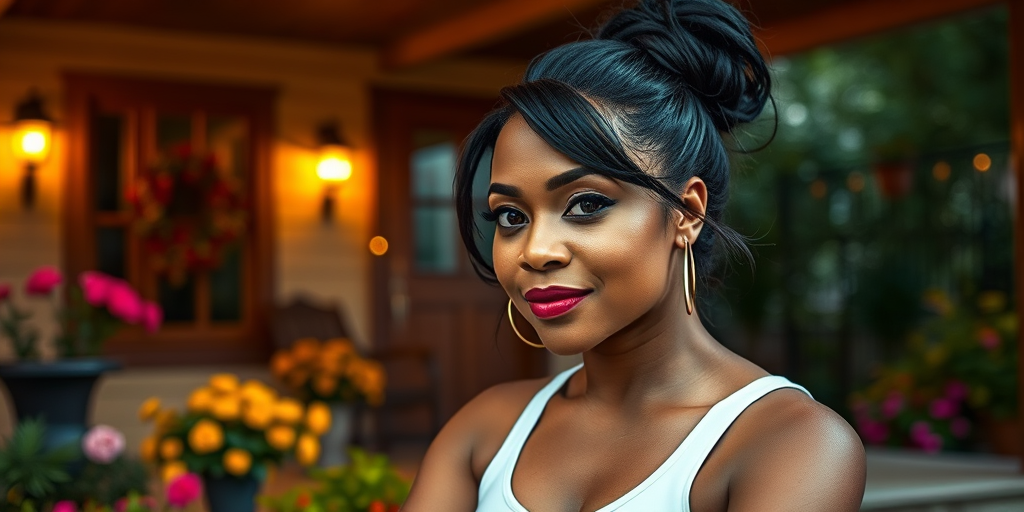 A photo of Taraji P. Henson with a background of a cozy porch. She has dark hair pulled back in an updo, with tendrils framing her face. She wears a white tank top and sits on the porch. The porch is part of a well-lit home with a warm, earthy tone and colorful flowers and foliage. The overall scene has a warm, welcoming, and comfortable ambiance.