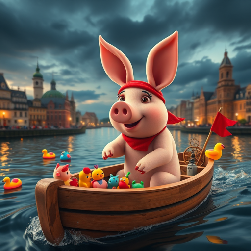 Create a whimsical scene featuring a cartoon pig with rabbit ears, wearing a red bandana, joyfully steering a wooden boat filled with colorful floating toys and tiny creatures, in a fantastical city by a river under a dramatic sky, captured using a DSLR camera with a 50mm lens, aperture set at f/2.8, ISO 100, and a balanced composition for vibrant color and detail.