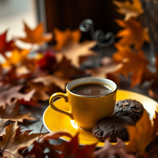 a steaming cup of coffee on a yellow saucer next to a plate of chocolate cookies, surrounded by autumn leaves, soft natural lighting, shallow depth of field, camera settings: f/2.8, 1/60 sec, ISO 100, DSLR camera, 50mm lens, moody atmosphere, high-resolution detail