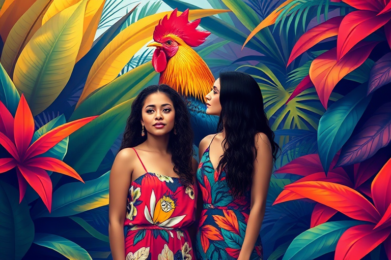 Create a vibrant digital painting of two women standing amidst lush tropical foliage, featuring bold colors and abstract shapes, with a large, colorful rooster in the background, captured with a Canon EOS R5, 50mm lens, f/1.8 aperture, ISO 100, vibrant contrast, high saturation.