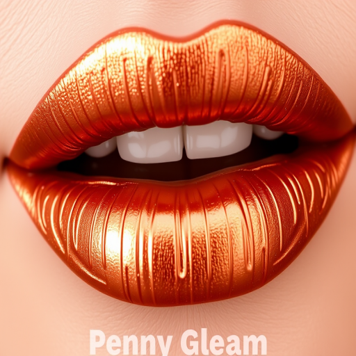 Metallic copper lips with a foiled texture, titled "Penny Gleam," exhibit a warm, autumn-inspired hue and unique light-reflecting properties