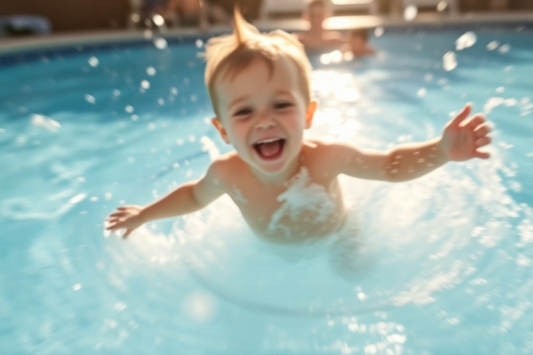 Blurry action shot of a child jumping into a pool, splashing water everywhere, with bright sunlight reflecting off the surface and laughter echoing in the background.